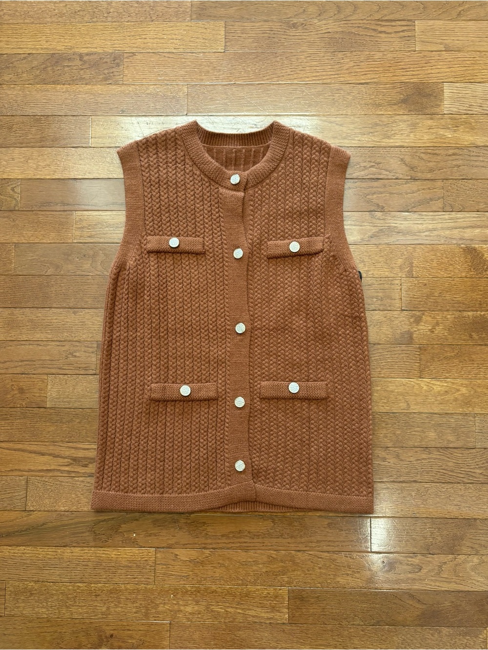 Rusty Orange Sleeveless Knit Sweater with Gold Tone Buttons